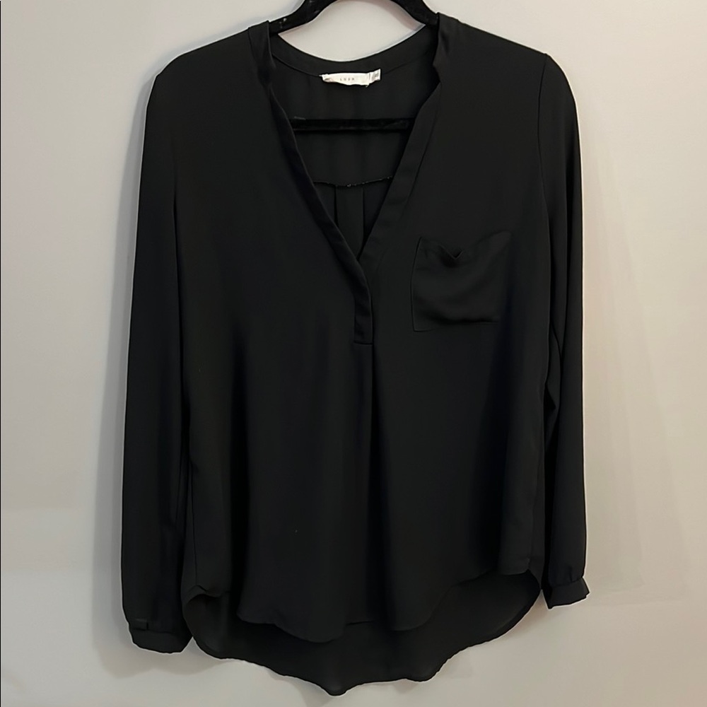Black Long Sleeve V Neck Blouse with Mandarin Collar